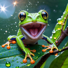 Tree Frog Resting on Green Leaf in Natural Tropical Environment