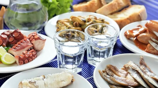 Turkish raki, greek ouzo or tsipouro, aperitif drink and starters closeup view 