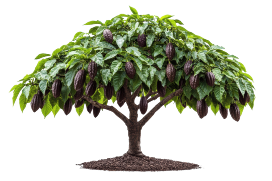 Lush cocoa tree laden with ripe pods vibrant green leaves against a stark black background on transparent background