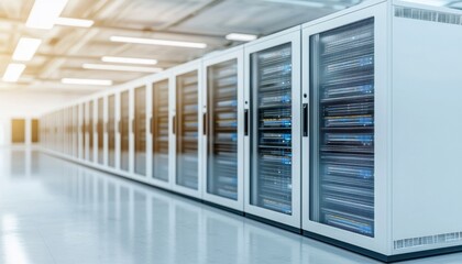 Naklejka premium Modern Data Center with Server Racks and Bright Ambient Lighting