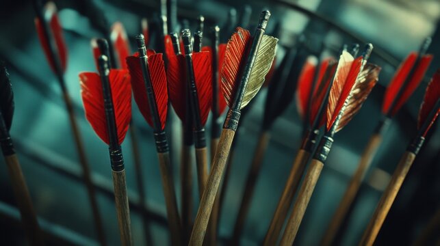 Colorful arrows with red and gold fletchings arranged in a quiver, reflecting a warm ambiance.