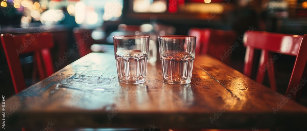 Poster two glasses of water on a rustic wooden table in a warm restaurant setting creating an inviting atmo
