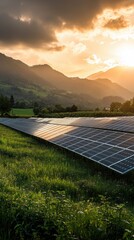 A stunning sunset over a solar farm, with mountains in the background and lush greenery surrounding the panels.
