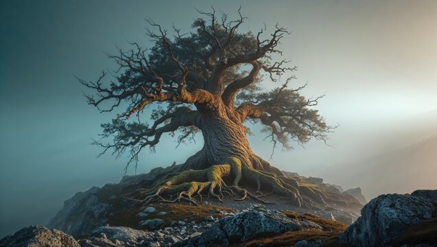 Ancient tree on a misty mountaintop, its gnarled branches reaching towards a soft light. A scene of quiet strength and timeless beauty.