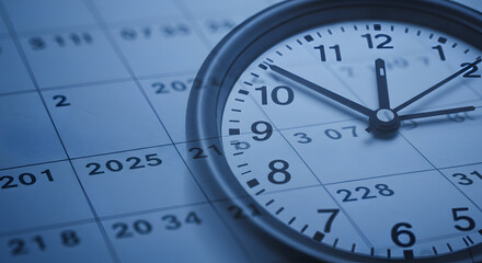 Close Up of Silver Clock on Calendar Showing Time Management in Blue Tone