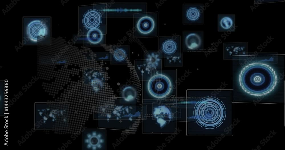 Poster holographic interface floating in dark virtual space, displaying hud graphs and maps in flat design