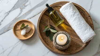 Luxurious spa composition with wooden tray, marble table and relaxation elements 