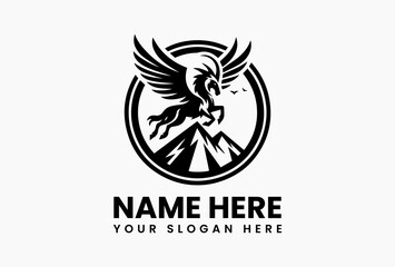 Stylized Winged Goat Mountain Top Vector Graphic. Mythical Adventure Design