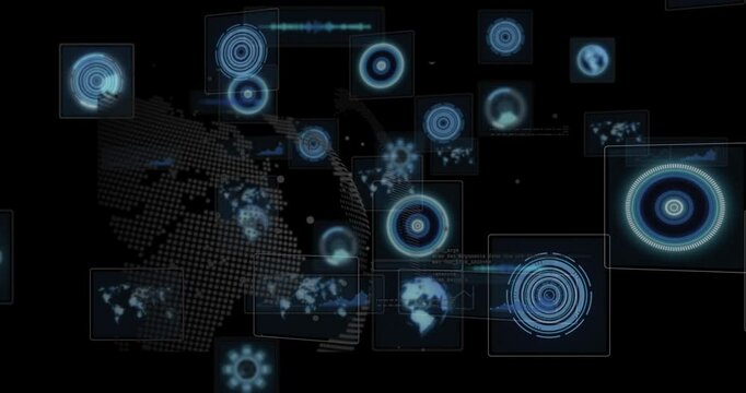 Holographic interface floating in dark virtual space, displaying HUD graphs and maps in flat design