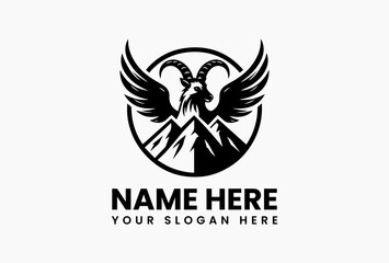 Fototapeta premium Stylized Winged Goat Mountain Top Vector Graphic. Mythical Adventure Design