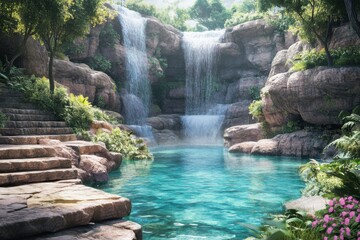 Naklejka premium Stunning waterfall oasis in a rocky green paradise