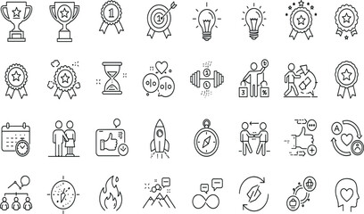 Motivation line icon set. Vector pictograms of personal growth, goal setting, perseverance, achievement, rocket launching, teamwork, passion, thumbs up