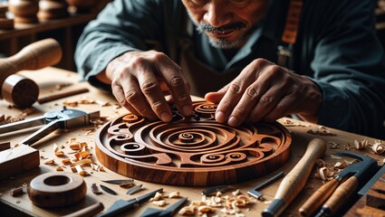 A skilled craftsman meticulously carves intricate swirling patterns into a circular piece of wood, showcasing his expertise and dedication to detail.