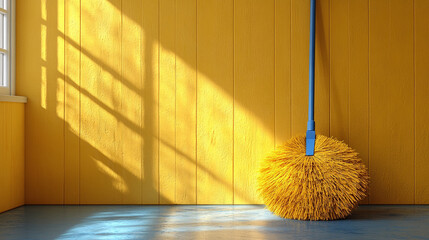 Mop by sunny yellow wall in blue room, cleaning concept