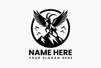 Fototapeta premium Monochrome Winged Ibex Mountain Peak Illustration. Minimalist Fantasy Art