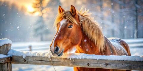 Obraz premium Winter Bay Pony, Snow Fence, Equine Photography, Horse in Winter, Snowy Landscape, Animal Photography, Cold Weather Horse