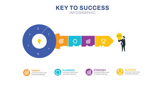 key to success achievement grow infographic template for business strategy and planning. growth or progress to achieve goal and target 4 step flat style vector