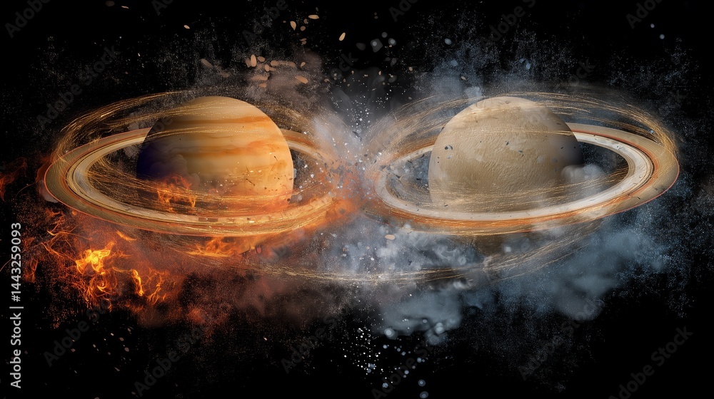 Poster dynamic celestial collision showcasing jupiter and saturn in an explosive cosmic event