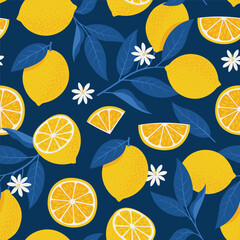 Lemons Seamless Pattern in Mediterranean style. Vector illustration in freehand flat style