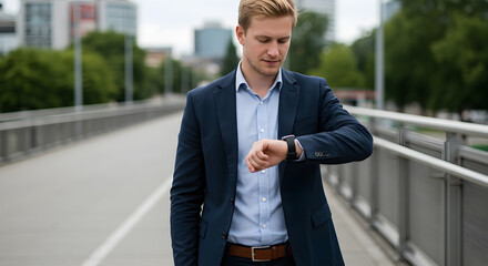 Focused Businessman Checking Time on Smartwatch Outdoors in Cityscape Wearing Blue Suit and Light Striped Shirt