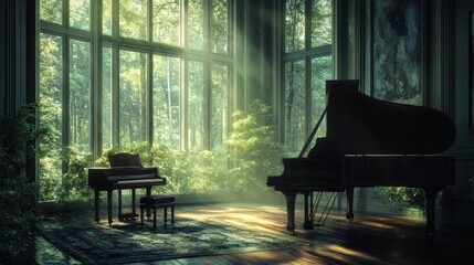 Sunlit room with grand piano and overgrown forest views