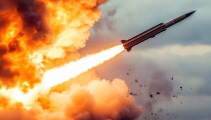 Rocket Launch Against Dramatic Explosion and Fiery Smoke Clouds