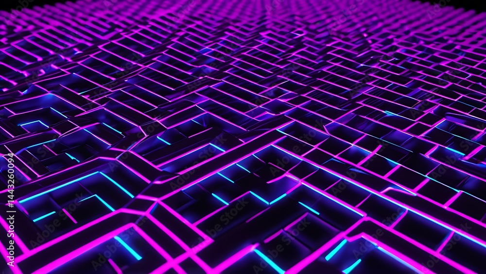 Poster neon maze grid abstract geometric design with glowing lines for technology backgrounds futuristic ar