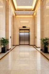 Elegant Modern Elevator Lobby with Marble Walls and Green Plants