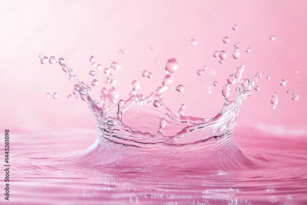 Aufkleber water splash with droplets on a pink background creating a crown like shape in the liquid form