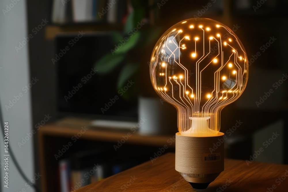 Aufkleber illuminated light bulb with circuit design on a wooden table in a room with a plant and a bookshelf