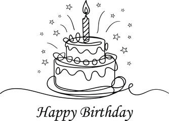 Happy Birthday Cake Line Art, Minimalist Candle Sketch Illustration.