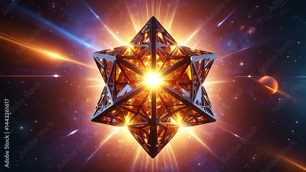 Poster abstract geometric shape in space conceptual d render with glowing light science fiction and technol
