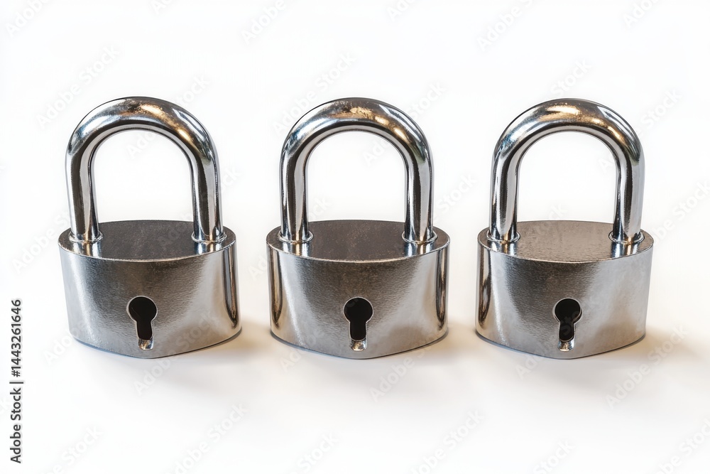 Aufkleber three shiny silver padlocks on a white surface in a studio setting highlighting security