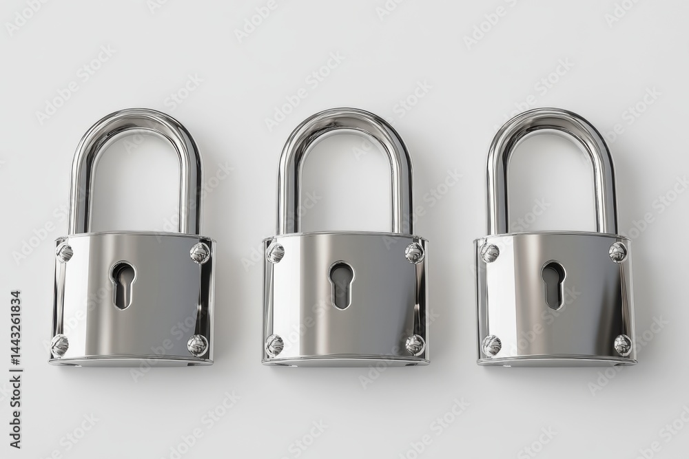 Poster three identical chrome padlocks aligned on a white surface in a studio setting with soft lighting