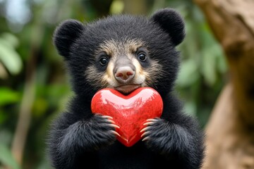 Obraz premium Promotion animal creative. Himalayan black bear - my desired animal. Cute himalayan black bear baby with diamond red heart on in a natural habitat. Heart-filled wildlife image. Loving animals.