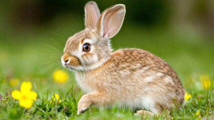 Rabbit jump energy Concept, Rabbit Jump Energy Concept, Young Rabbit Energetically Bouncing Amidst Vibrant Wildflowers in Lush Green Meadow
