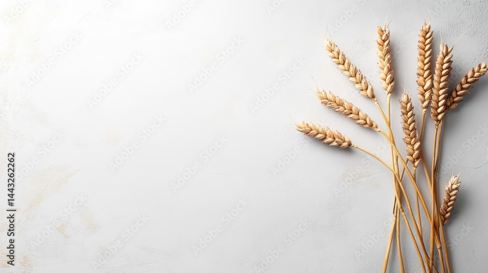 Aufkleber golden wheat stalks arranged on a textured white surface creating a minimalist and rustic compositio