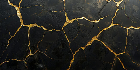 Gold kintsugi cracks on matte black background