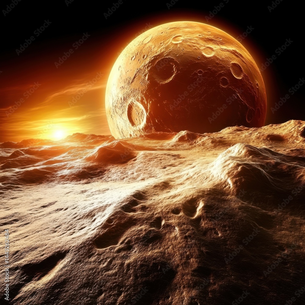Poster dramatic view of a distant planet with craters and rocky terrain under a fiery sky creating a sense 