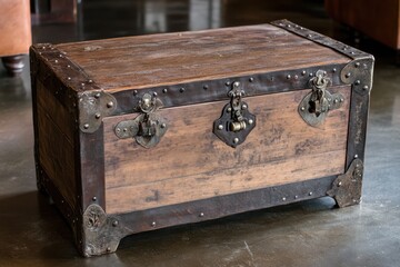 A wooden chest with metal accents and latches sitting on a shiny surface in a dimly lit room
