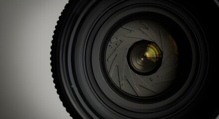 Close-Up of a Professional Camera Lens with Visible Aperture Blades