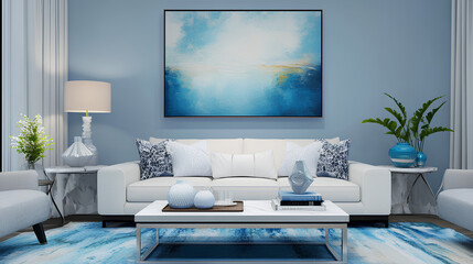 Modern living room in serene blue tones with a cozy white sofa, abstract decor, and a minimalist side table arrangement