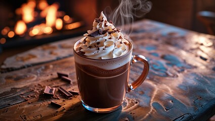Warm up with a delicious mug of hot chocolate topped with whipped cream and chocolate shavings. Perfect for a cozy night in.