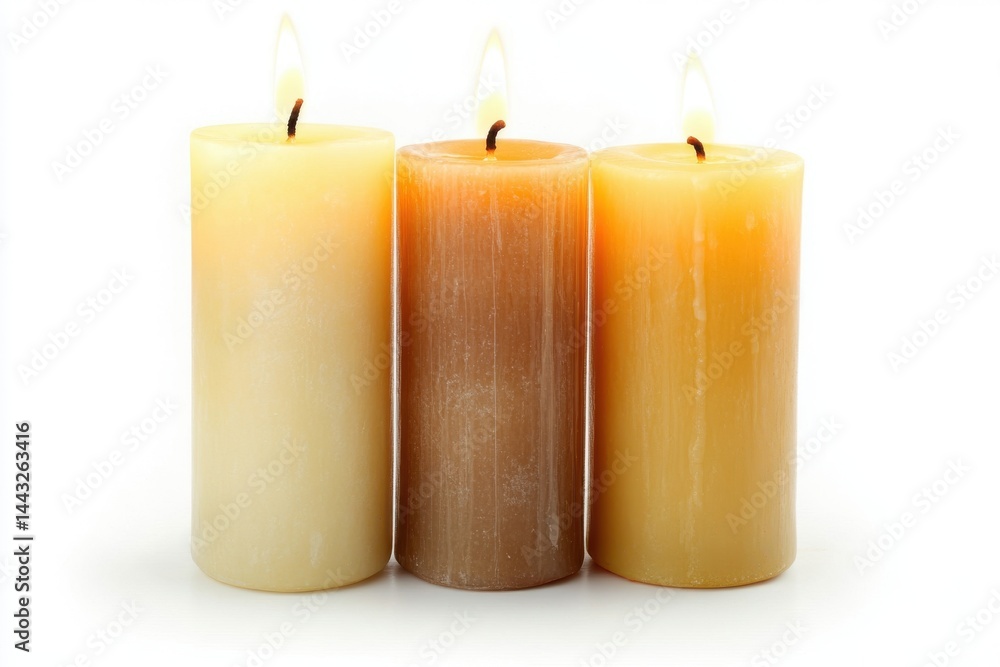 Poster three lit candles of varying colors standing side by side on a plain white surface in a close up vie