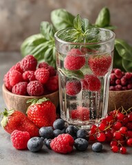 Refreshing fruit beverage raspberries, blueberries, strawberries, red currants, mint in a clear glass