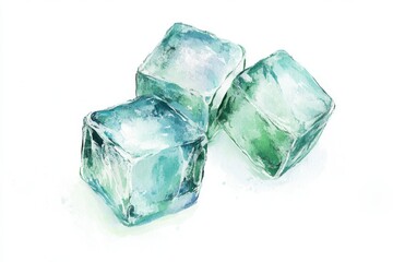 Obraz premium Three ice cubes with a blue and green hue sitting on a white surface in a watercolor style painting