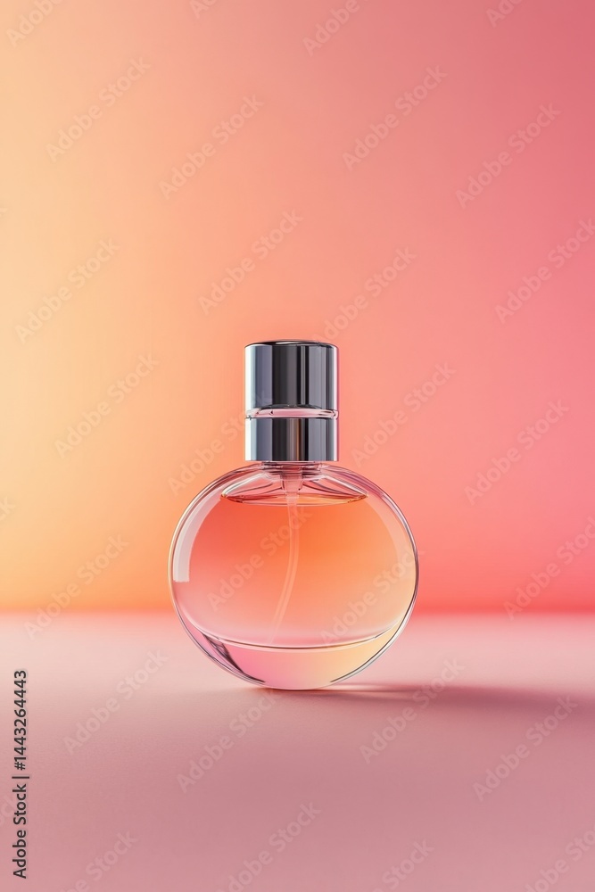 Poster elegant perfume bottle on a soft pink surface with a gradient peach background creating a sense of l