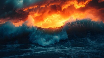 Massive tsunami crashing onto the coastline with vivid colors and sharp details