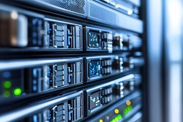 Close-up of server rack units  Rows of metallic server chassis with various components and displays  Digital displays showing data, along with LED indicators