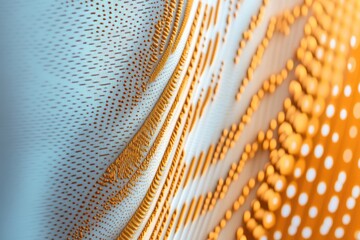 Abstract textured surface with light blue and orange patterns  Detailed close-up view of a dynamic, wavy design